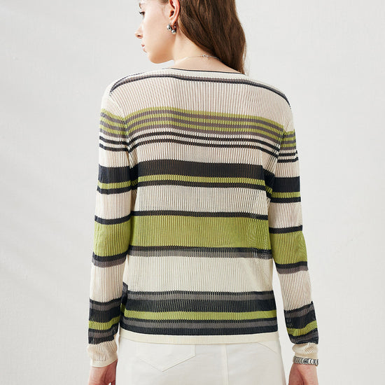 COMOBOCA Women's Striped Ribbed Round Neck Sweater