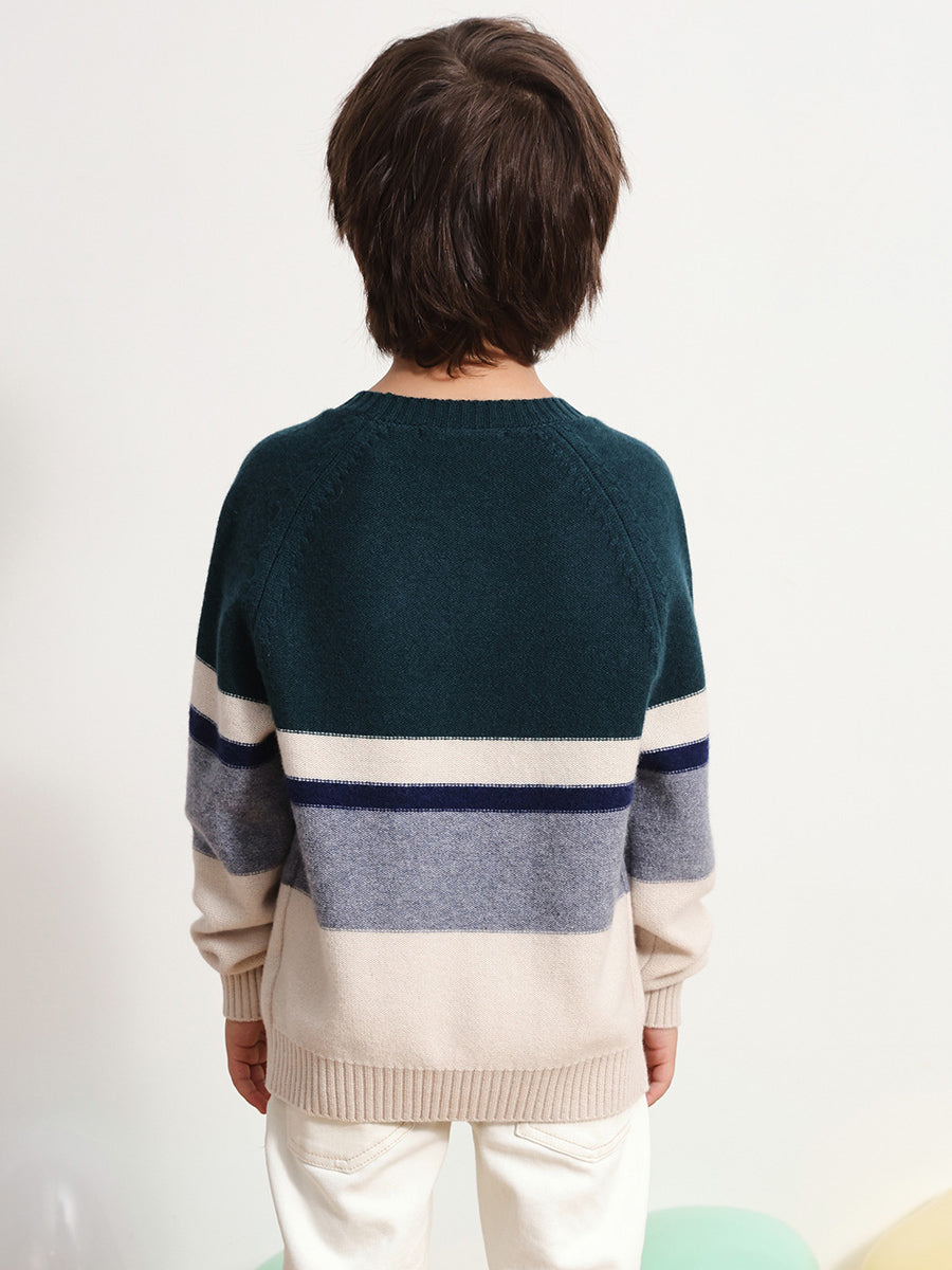COMOBOCA 100% Wool Kids' Round Neck Striped Sweater