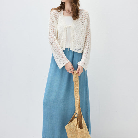 COMOBOCA Women's Linen Lace Knit Tie Front Cardigan