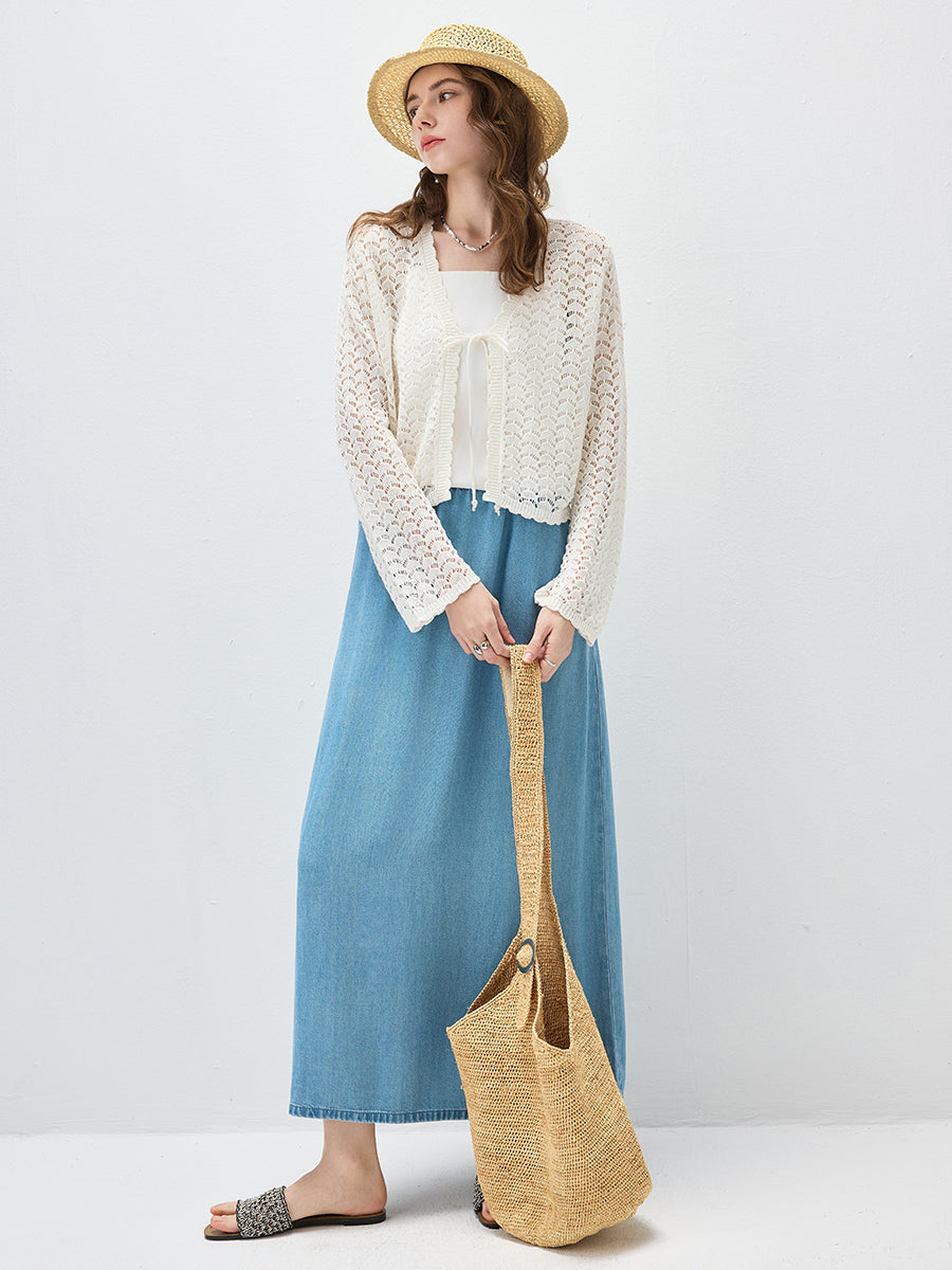 COMOBOCA Women's Linen Lace Knit Tie Front Cardigan