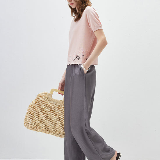 COMOBOCA Women's Floral Lace Trim Knit T-Shirt