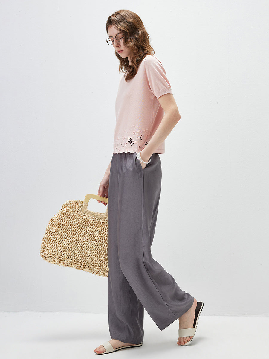 COMOBOCA Women's Floral Lace Trim Knit T-Shirt