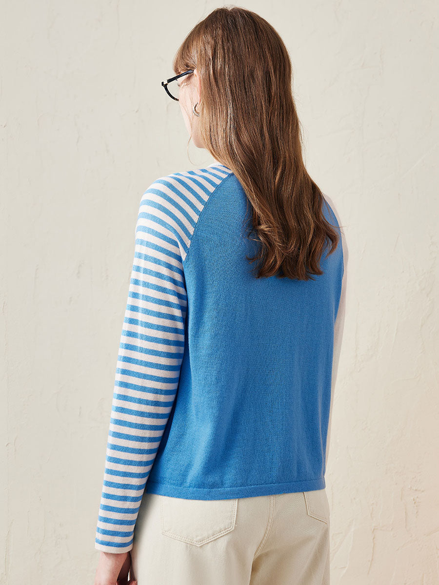 COMOBOCA 100% Wool Women's Striped Sleeve Contrast Knit Worsted Sweater