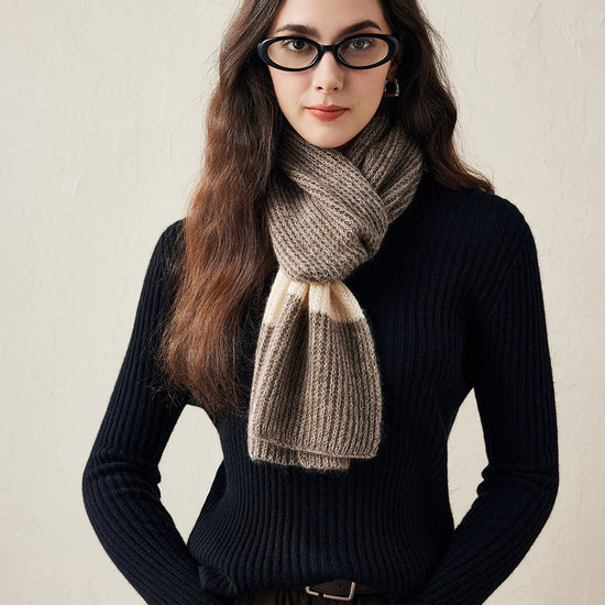 COMOBOCA Camel 100% Cashmere Chunky Knit Color Block Scarf