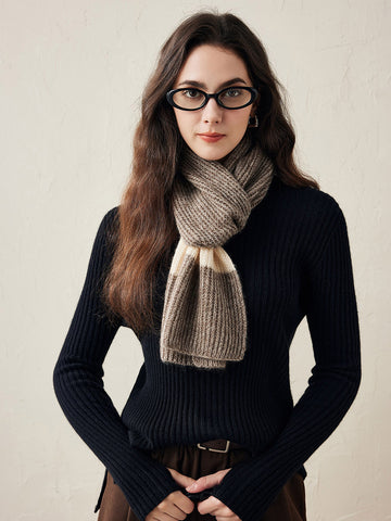 COMOBOCA Camel 100% Cashmere Chunky Knit Color Block Scarf