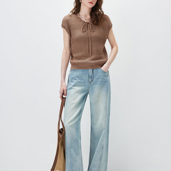 COMOBOCA Women's Tie-Neck Textured Knit Cap Sleeve Top