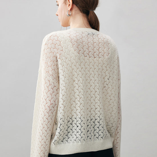 COMOBOCA 100% Cashmere Women's Openwork Round Neck Knit Sweater