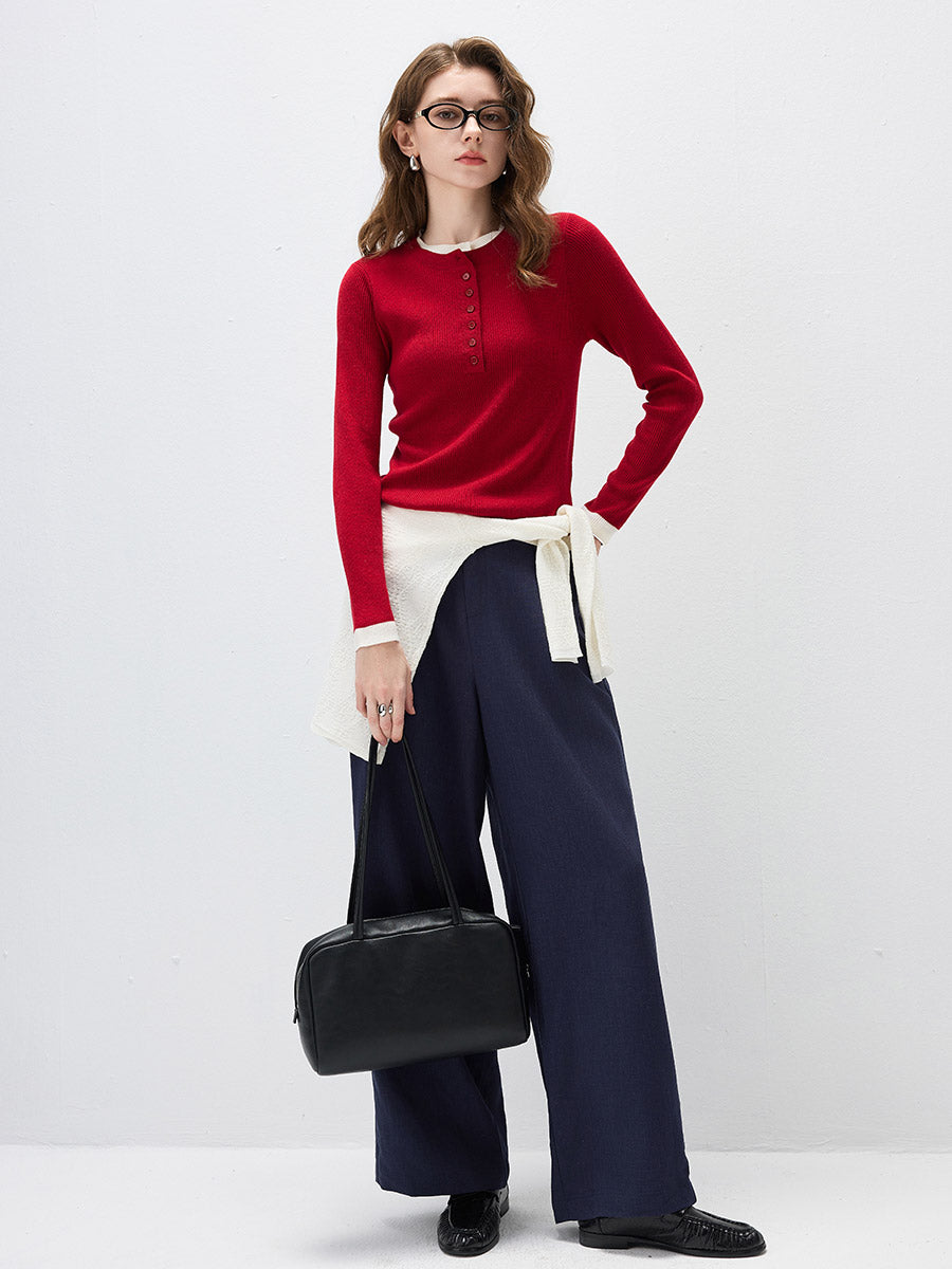 COMOBOCA Women's Ribbed Contrast Trim Henley Knit Sweater