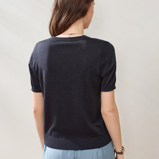 COMOBOCA Women's Lyocell V-Neck Ribbed Knit T-Shirt