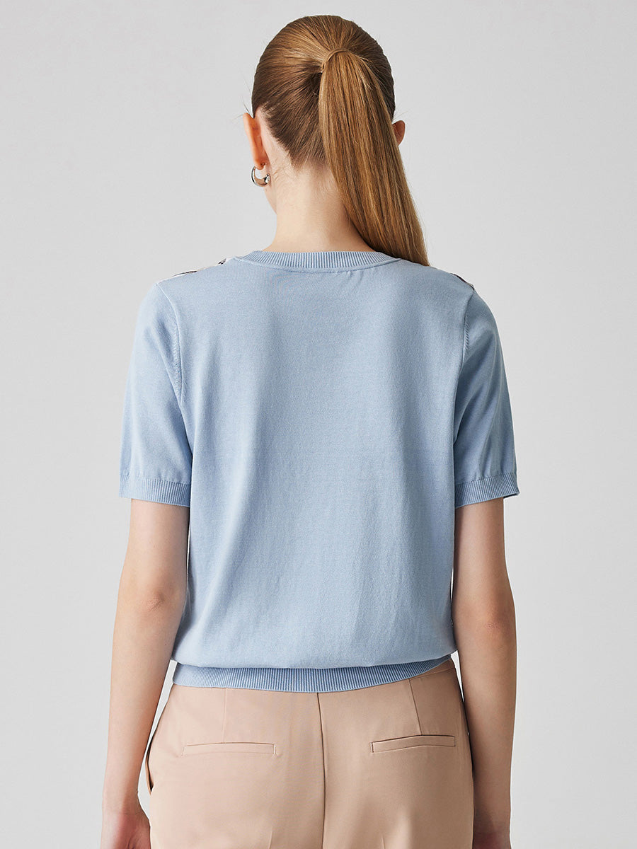 COMOBOCA Women's Cotton Silk Floral Ribbed Print Knit T-Shirt