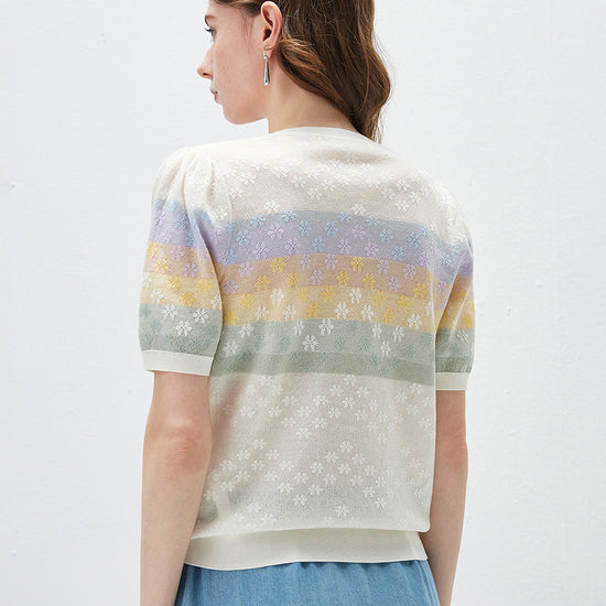 COMOBOCA Women's Rainbow Floral Semi Sheer Knit T-Shirt