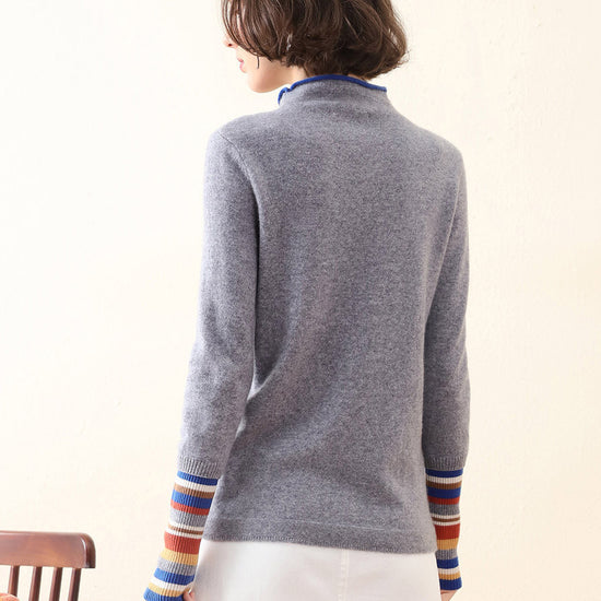COMOBOCA 100% Cashmere Women's Knit Sweater with Colorful Cuffs