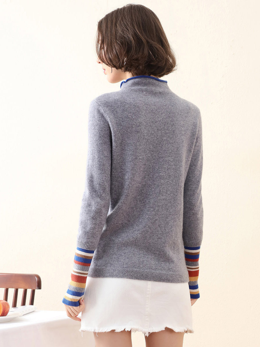 COMOBOCA 100% Cashmere Women's Knit Sweater with Colorful Cuffs