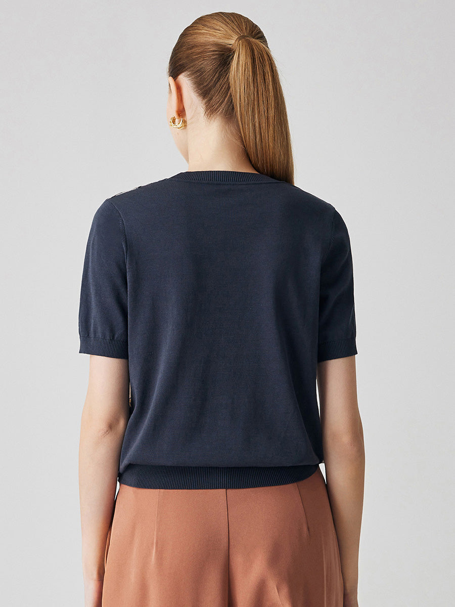 COMOBOCA Women's Cotton Silk Floral Ribbed Print Knit T-Shirt