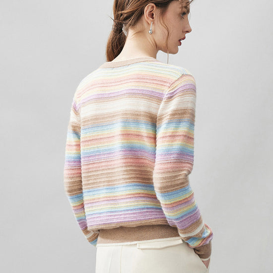 COMOBOCA 100% Cashmere Women's Rainbow Striped Round Neck Sweater
