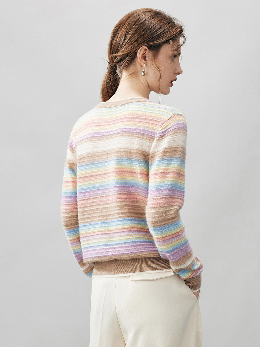 COMOBOCA 100% Cashmere Women's Rainbow Striped Round Neck Sweater