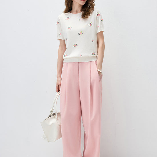 COMOBOCA Women's Floral Embroidery Knit T-Shirt