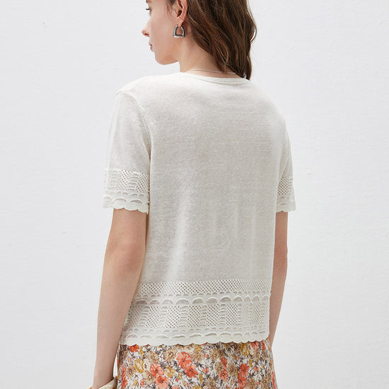 COMOBOCA Women's Scalloped Lace Trim Knit T-Shirt