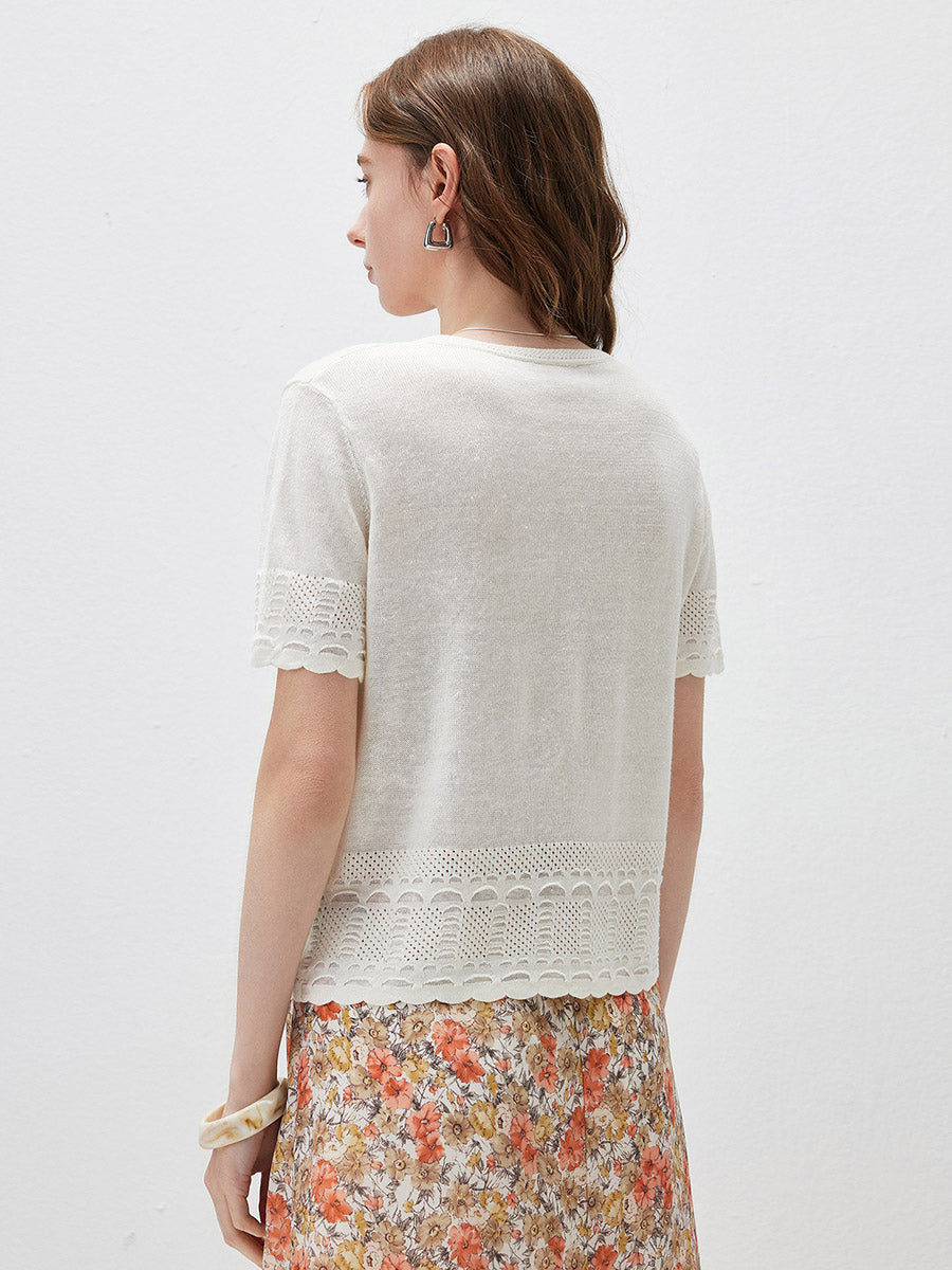 COMOBOCA Women's Scalloped Lace Trim Knit T-Shirt