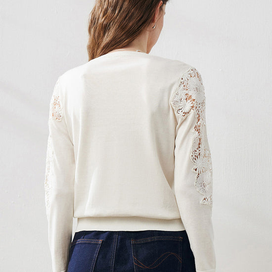 COMOBOCA Women's Lace Sleeve Round Neck Sweater