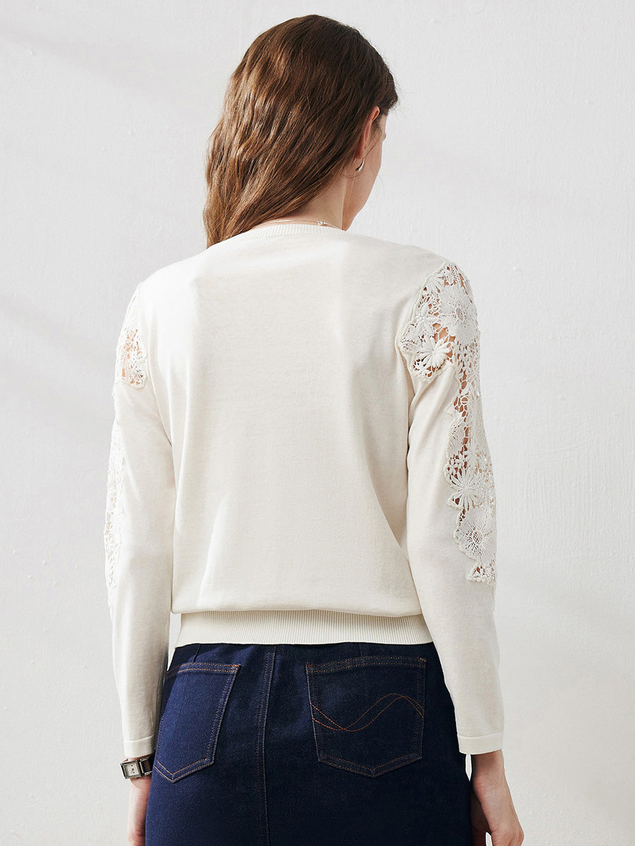 COMOBOCA Women's Lace Sleeve Round Neck Sweater