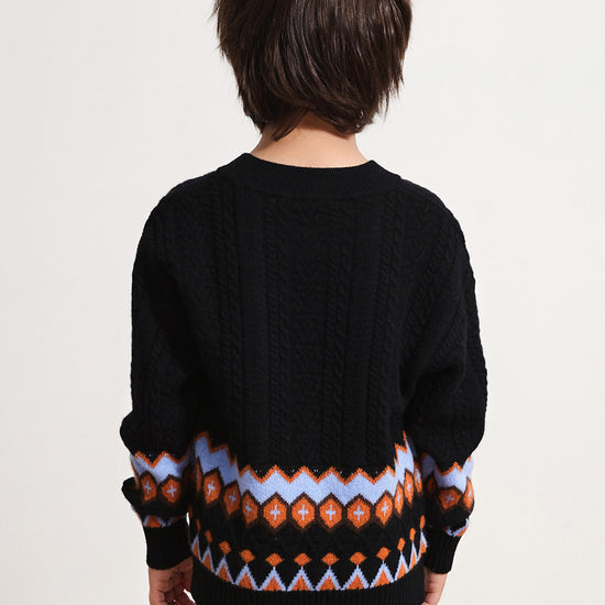 COMOBOCA 100% Wool Kids' Round Neck Striped Cable Knit Sweater