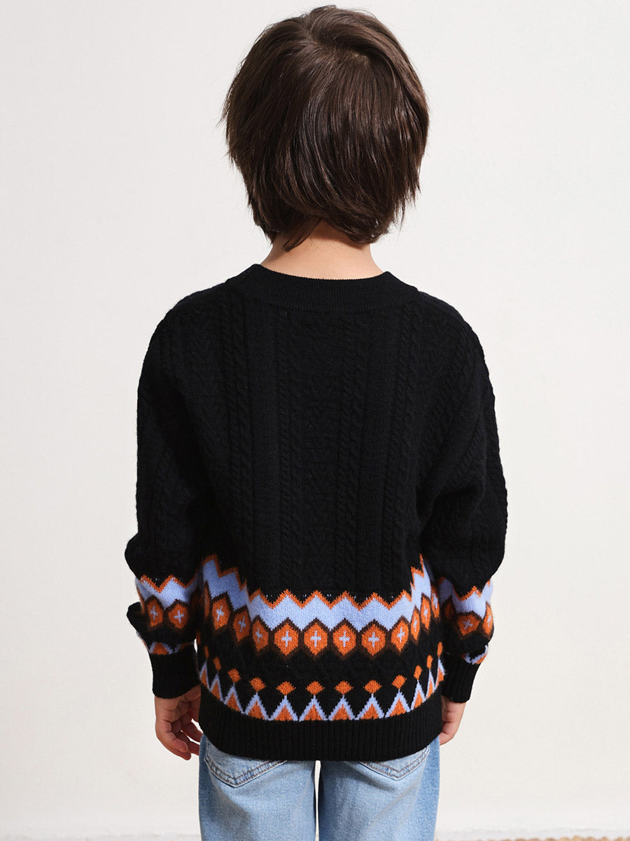 COMOBOCA 100% Wool Kids' Round Neck Striped Cable Knit Sweater