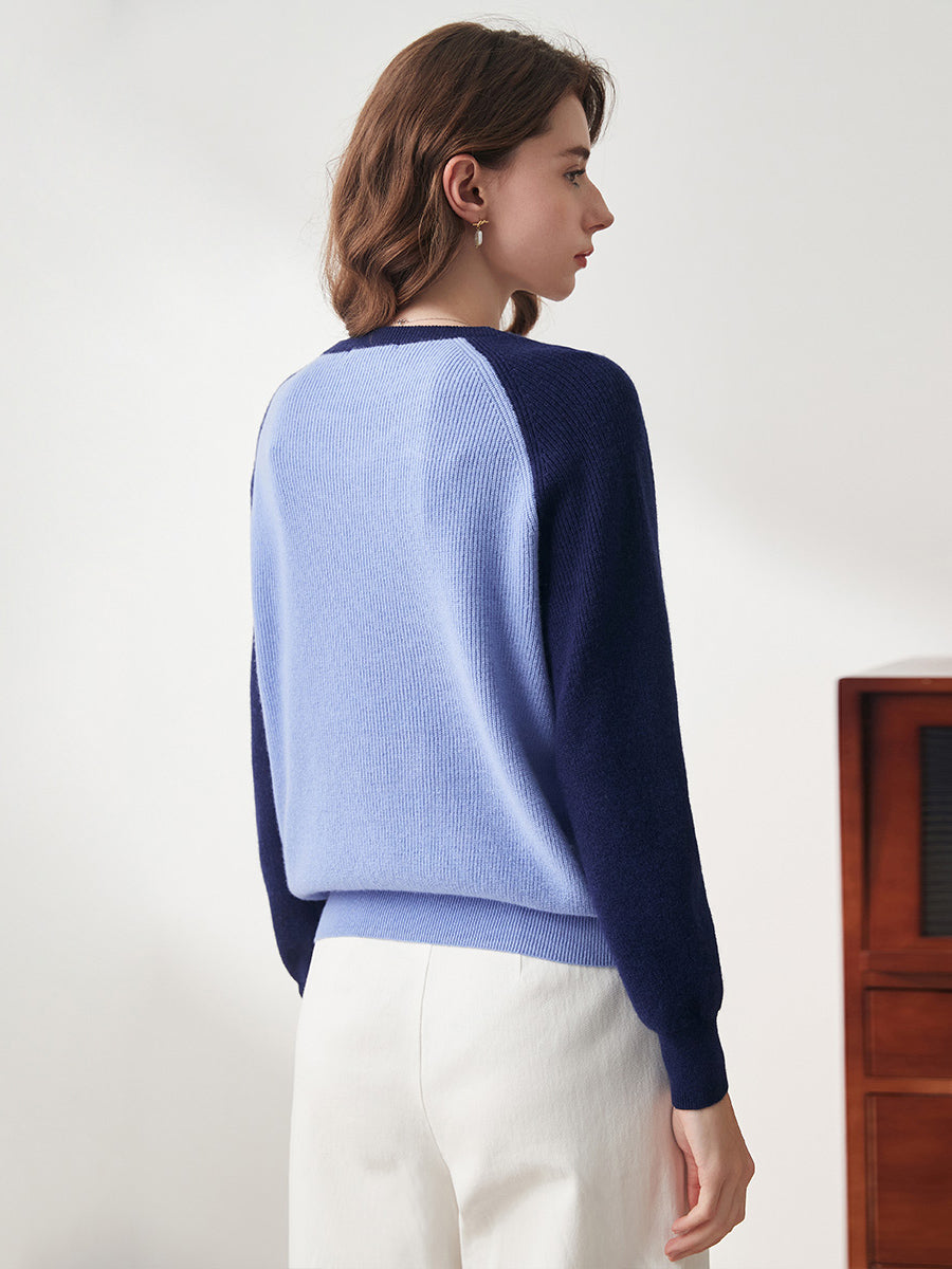 COMOBOCA 100% Wool Women's Contrast Sleeve Sweater