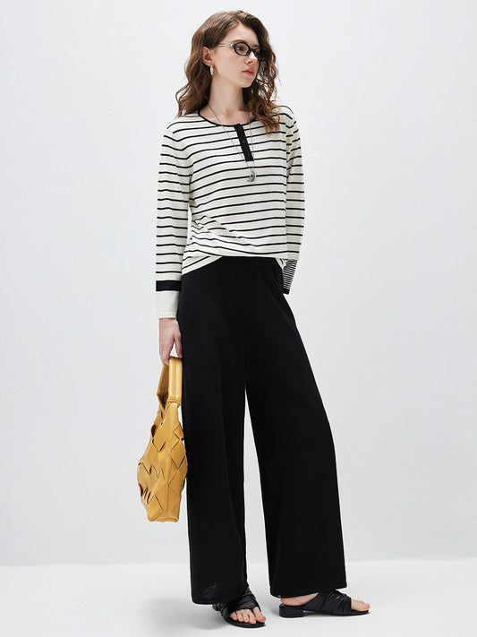 COMOBOCA Women's Stripe Henley Round Neck Sweater