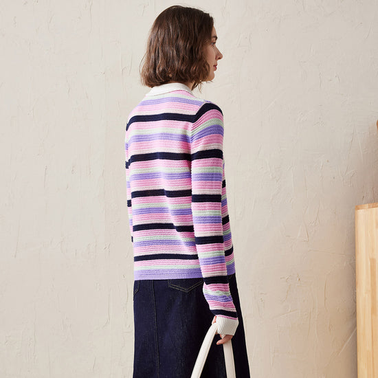 COMOBOCA 100% Cashmere Striped Knit Cardigan with Contrast Collar