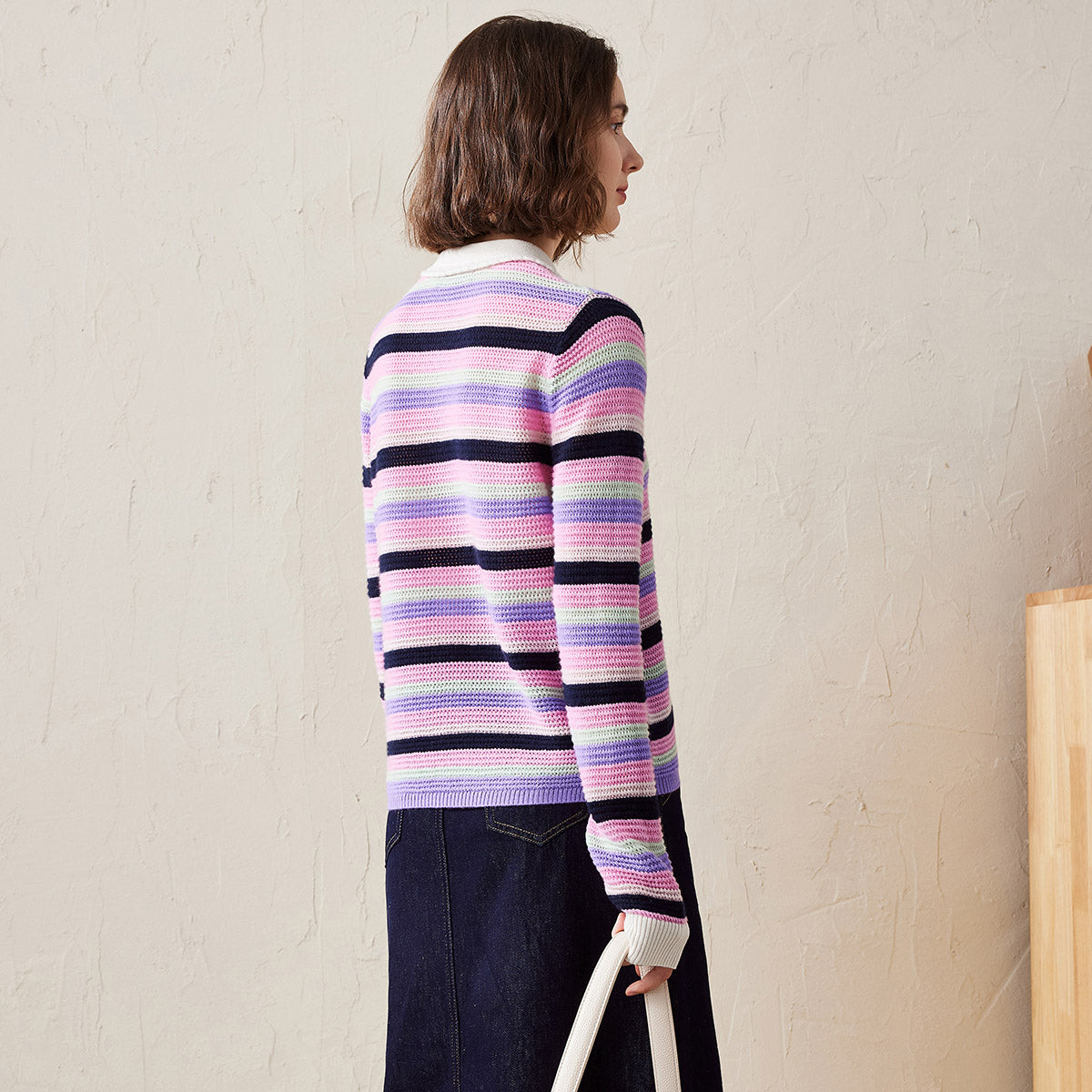 COMOBOCA 100% Cashmere Striped Knit Cardigan with Contrast Collar