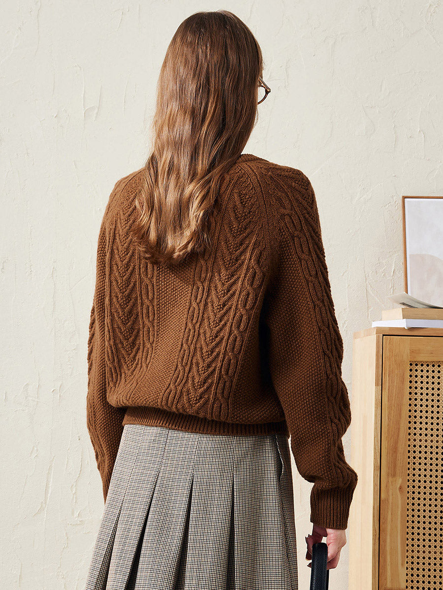 COMOBOCA 100% Wool Women's Cable Knit Button Cardigan