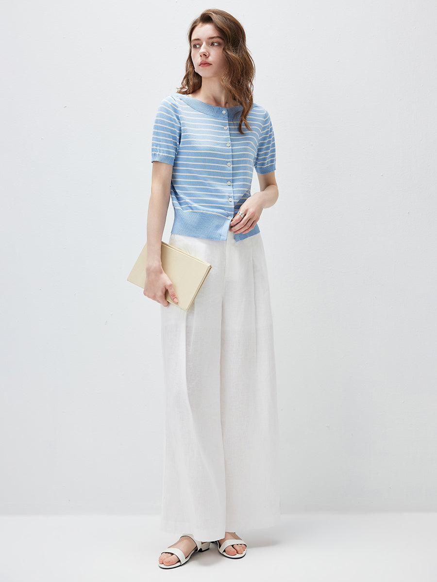 COMOBOCA Women's Striped Short Sleeve Knit Cardigan