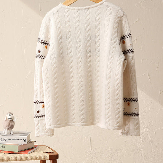 COMOBOCA 100% Wool Kid's Floral Embroidered Cable Knit Cardigan