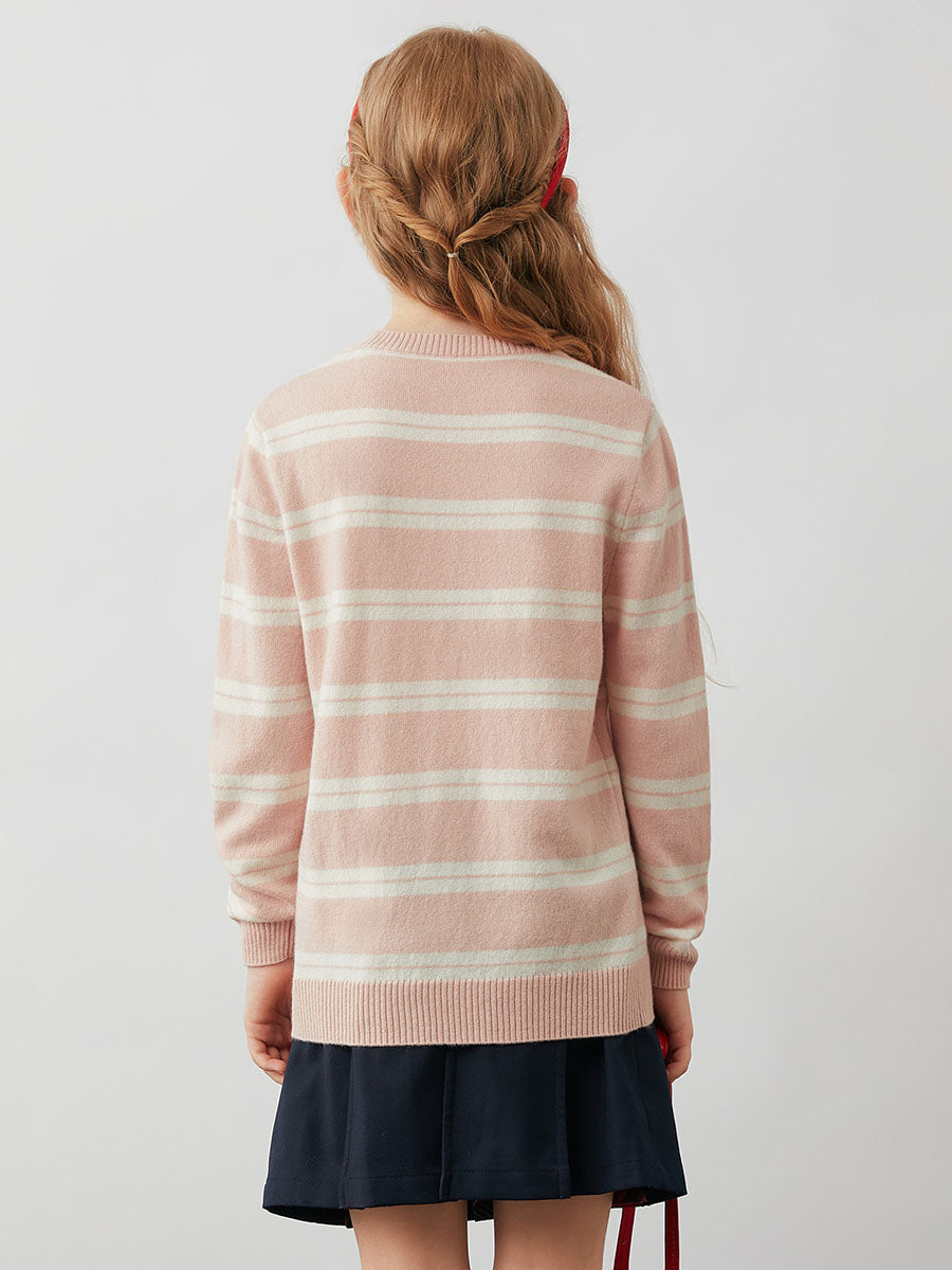 COMOBOCA 100% Wool Kids' Striped Heart Round Neck Sweater