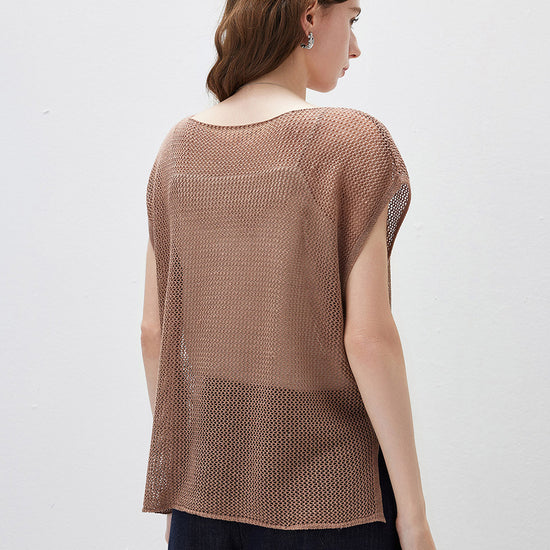 COMOBOCA Women's Sheer Mesh Knit Cap Sleeve Top with Side Slit