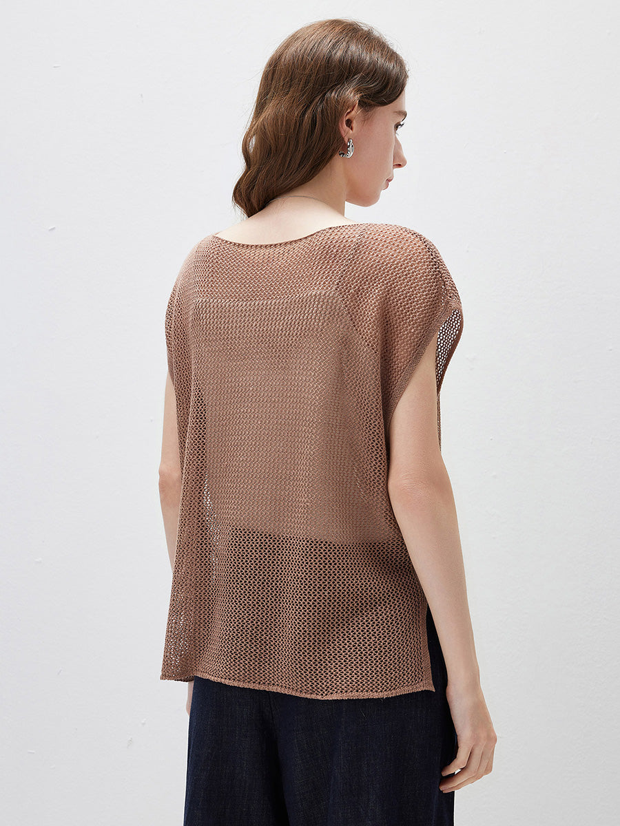 COMOBOCA Women's Sheer Mesh Knit Cap Sleeve Top with Side Slit