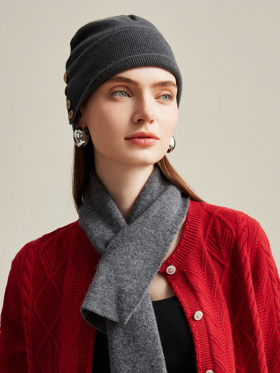 COMOBOCA Charcoal 100% Cashmere Women's Button Decorated Knit Beanie