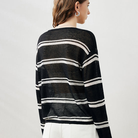 COMOBOCA Women's Striped Ribbed Round Neck Sweater