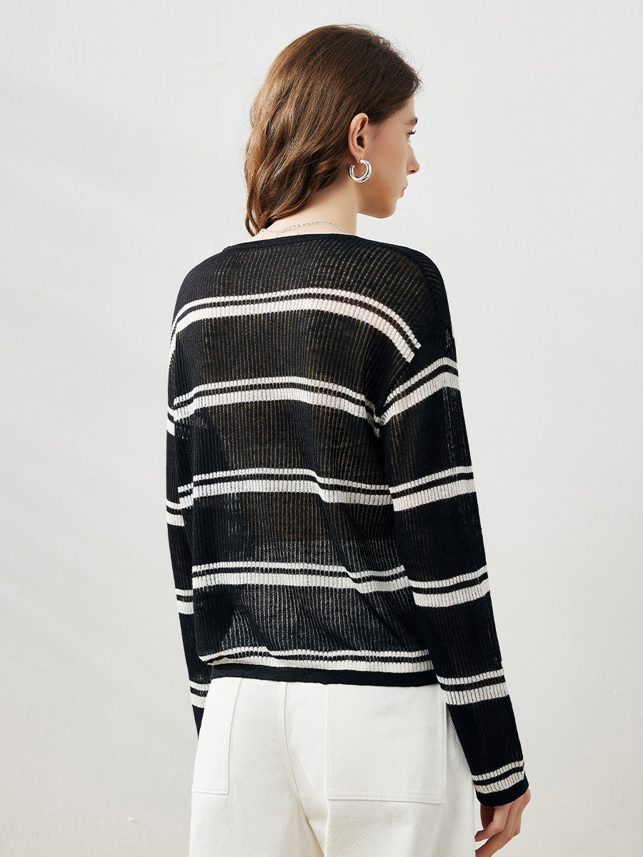 COMOBOCA Women's Striped Ribbed Round Neck Sweater