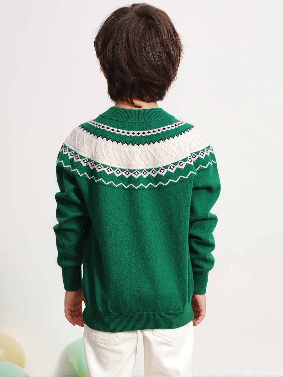 COMOBOCA 100% Wool Kids' Jacquard Round Neck Sweater