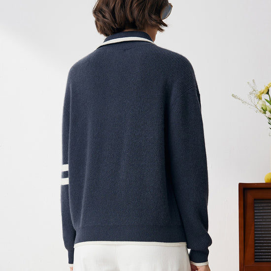 COMOBOCA 100% Cashmere Women's Contrast Trim Zip Sweater