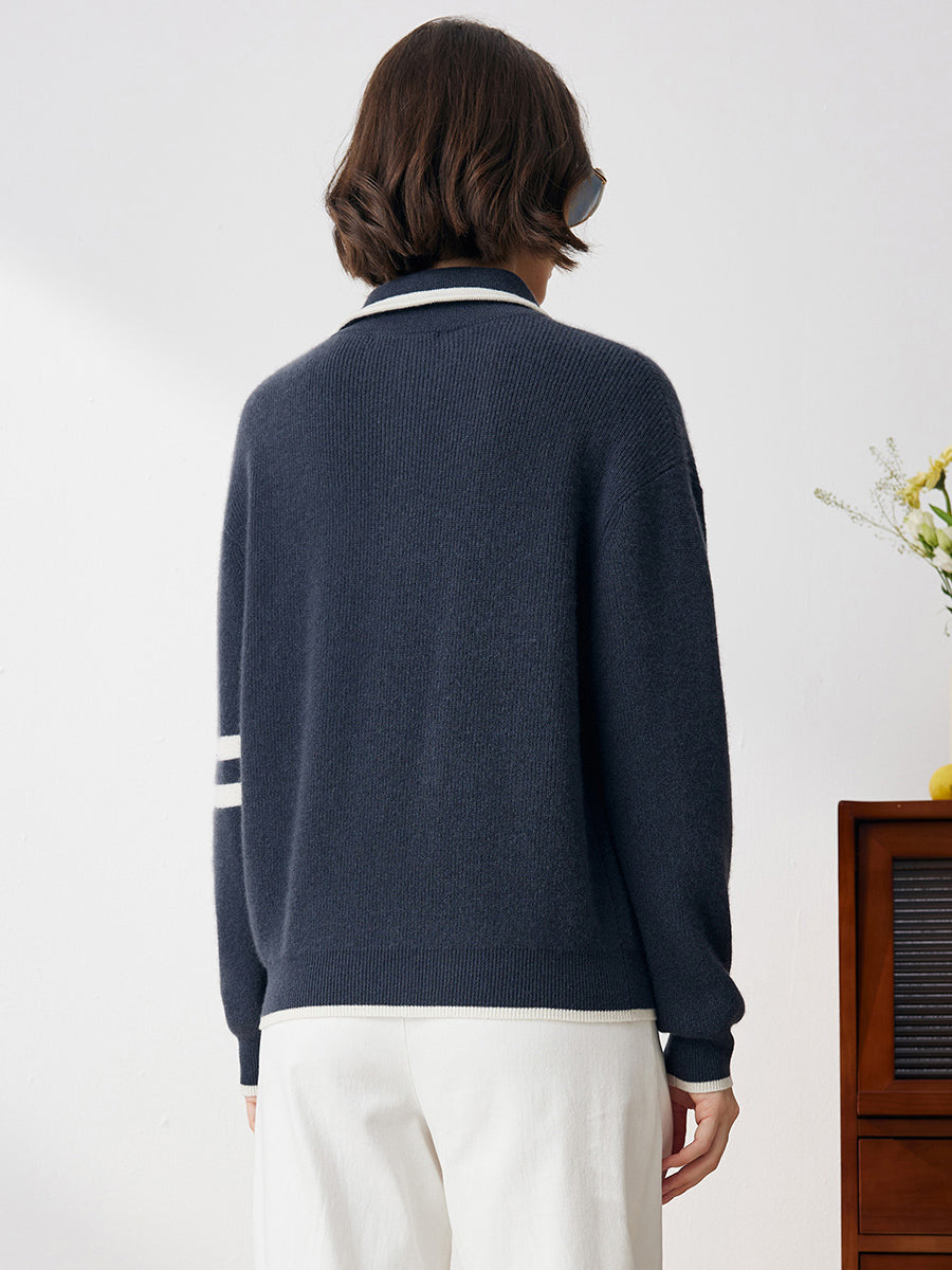 COMOBOCA 100% Cashmere Women's Contrast Trim Zip Sweater