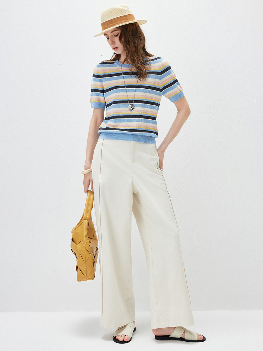 COMOBOCA Women's Multi-Color Stripe Knit T-Shirt