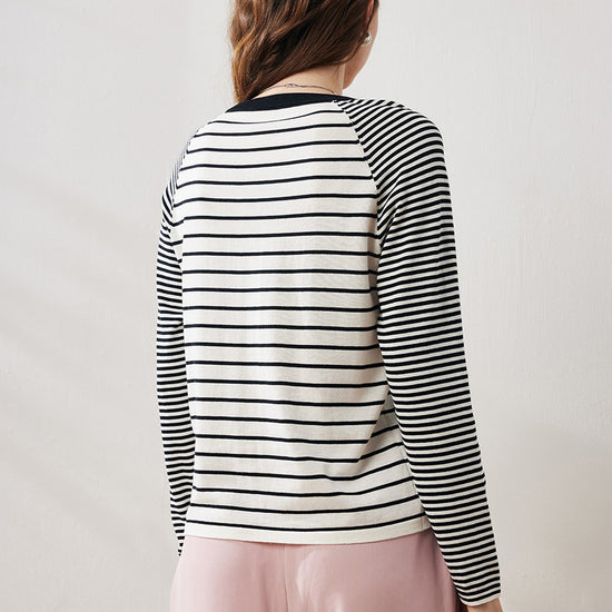 COMOBOCA Women's Cotton Silk Striped Smiley Patch T-Shirt Knit Sweater