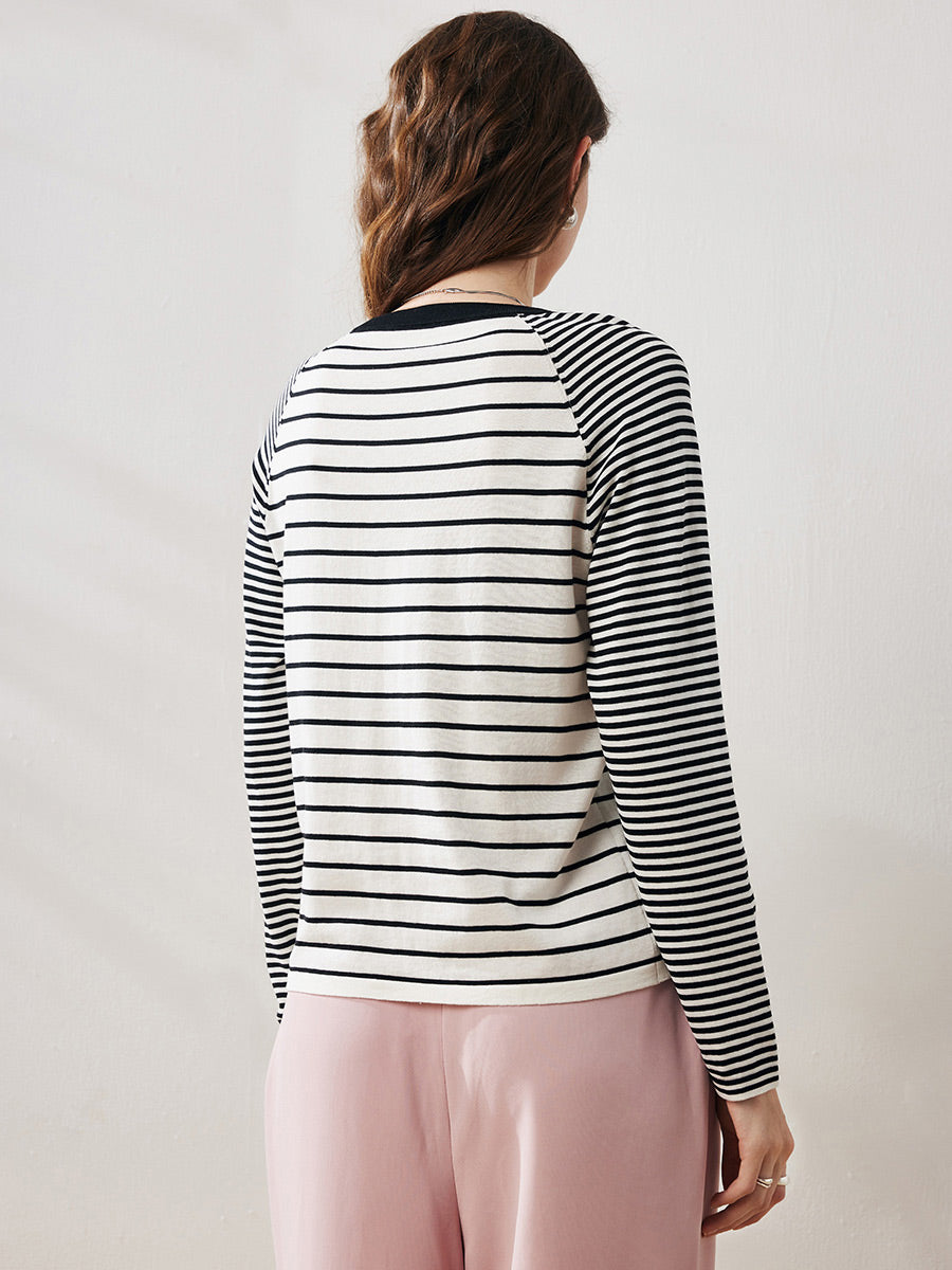 COMOBOCA Women's Cotton Silk Striped Smiley Patch T-Shirt Knit Sweater