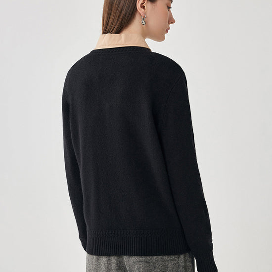 COMOBOCA 100% Wool Women's V-Neck Ribbed Knit Sweater