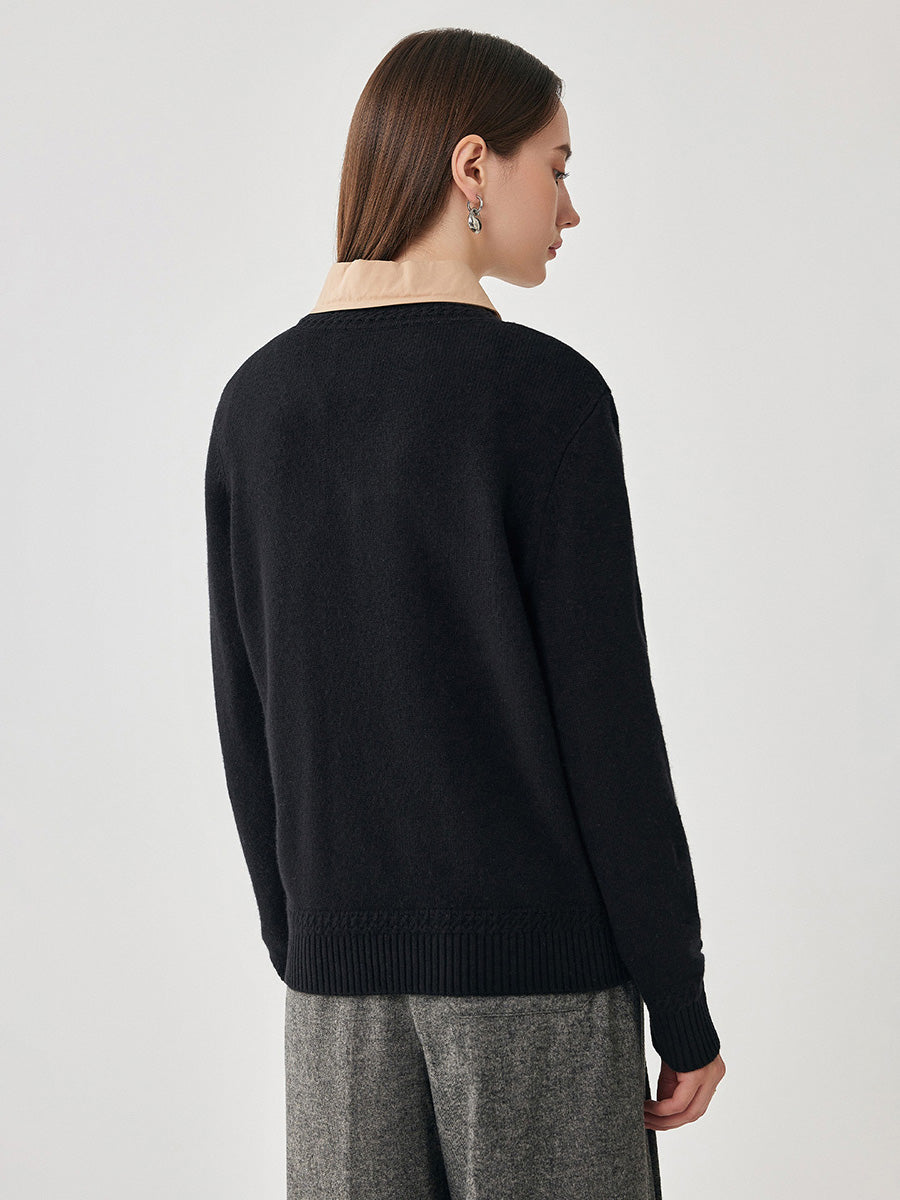 COMOBOCA 100% Wool Women's V-Neck Ribbed Knit Sweater