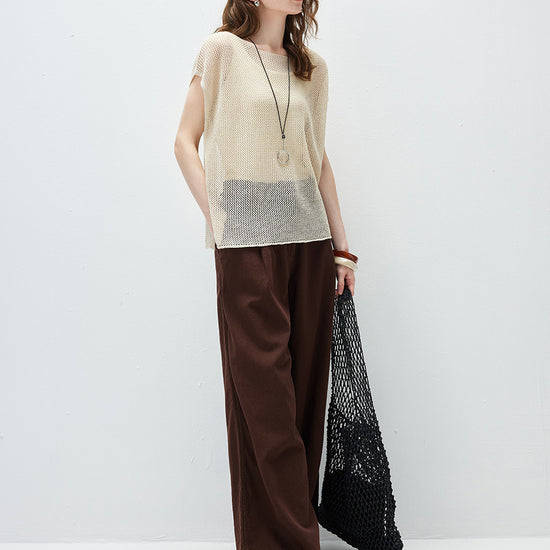 COMOBOCA Women's Sheer Mesh Knit Cap Sleeve Top with Side Slit