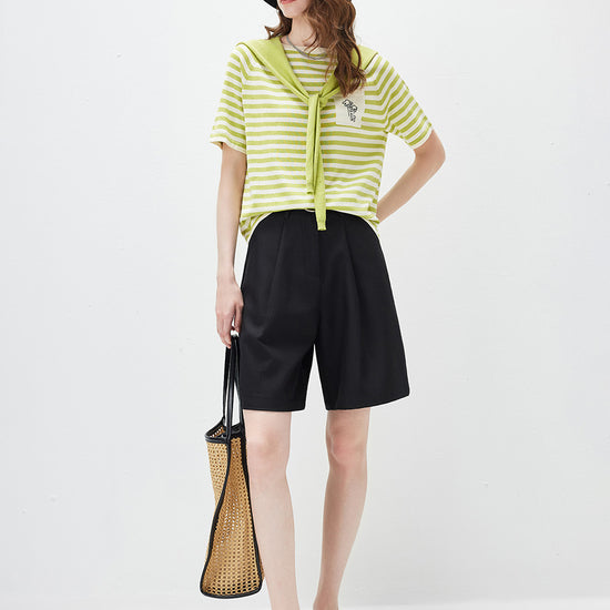 COMOBOCA Women's Striped Embroidered Pocket Knit T-Shirt